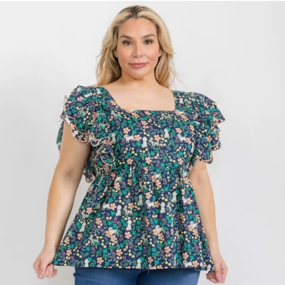 134 Floral Ruffle Sleeve PLUS SIZE Top - Navy Blue